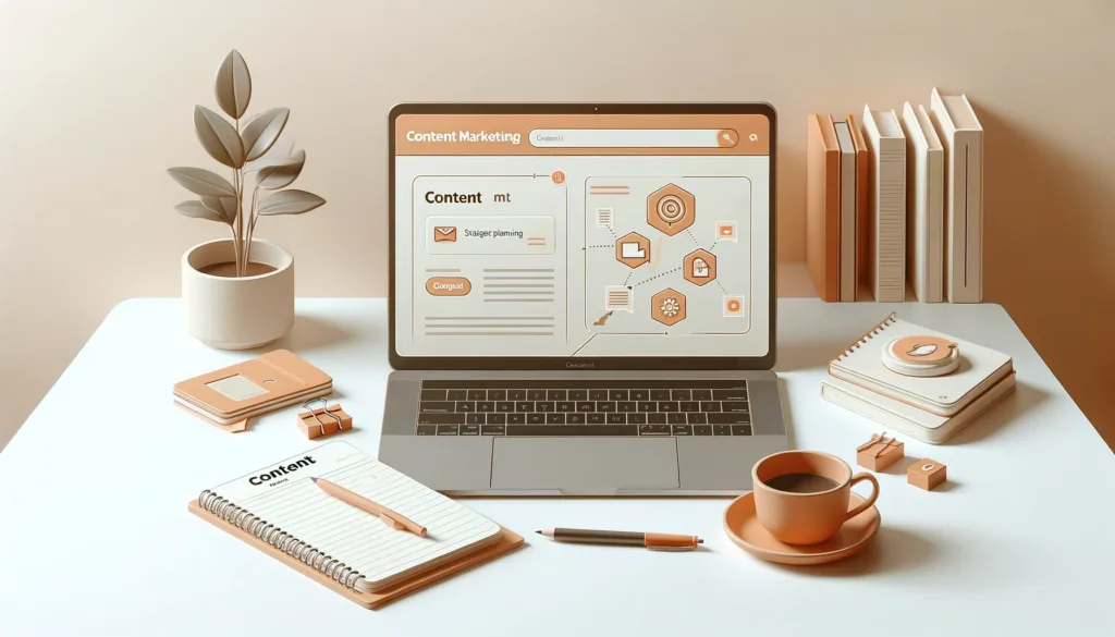 Abbotsford content marketing service page. The scene is a minimalist workspace with a laptop