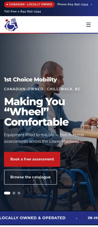 1st Choice Mobility website on mobile