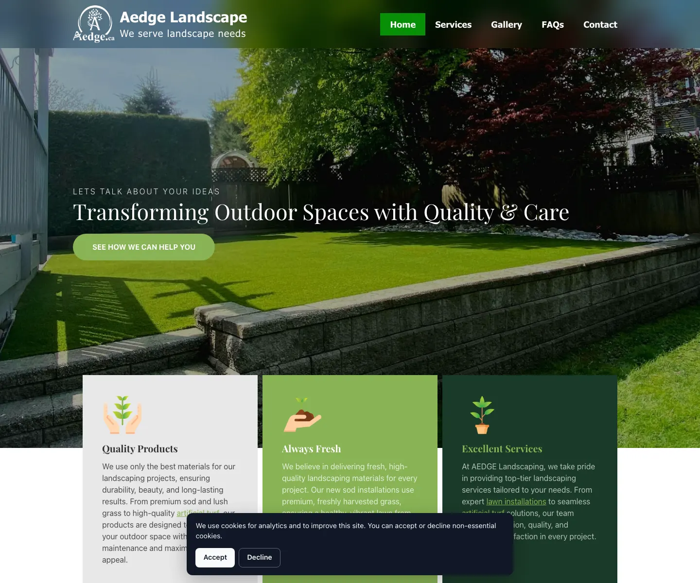 Aedge Landscape website designed by IIAS for sod, turf, and irrigation quotes