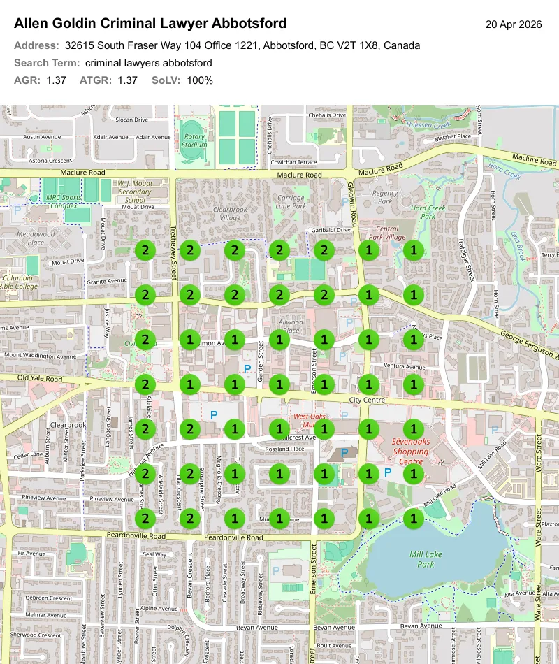 AG Law GeoGrid for criminal lawyers Abbotsford in April 2026, #1 and #2 across the map with 100% Share of Local Voice