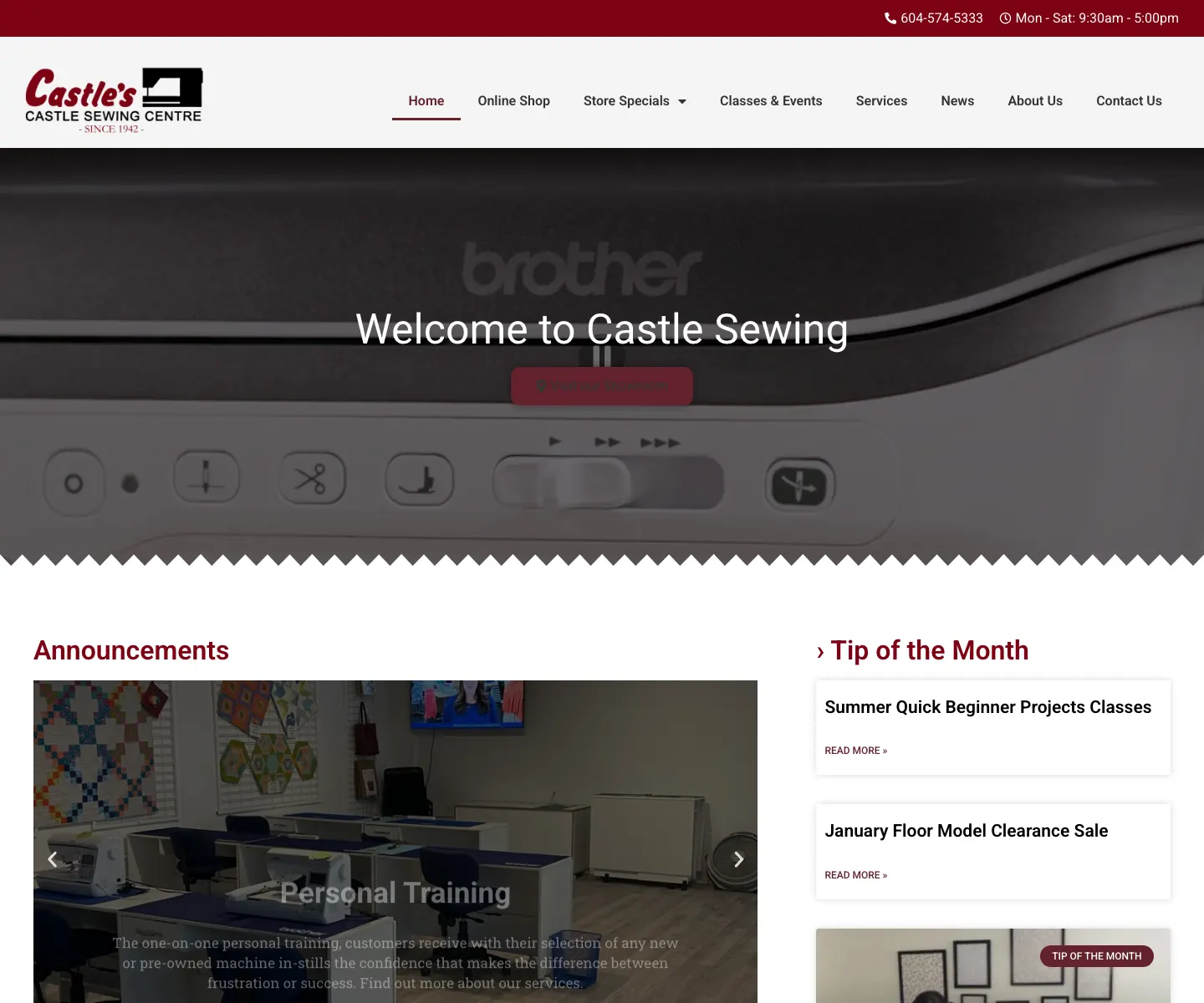 Castle Sewing website designed by IIAS for sewing machines, classes, and supplies