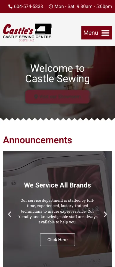 Castle Sewing website on mobile