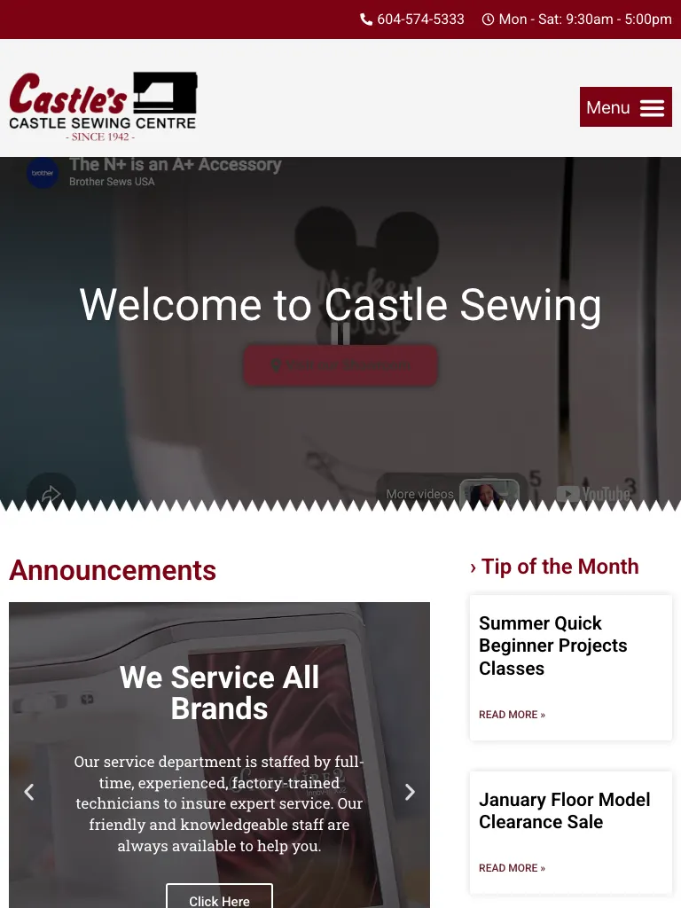 Castle Sewing website on tablet