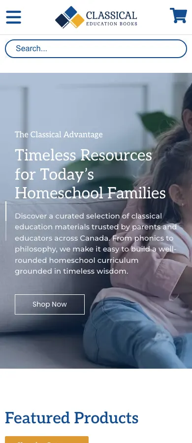 Classical Education Books website on mobile