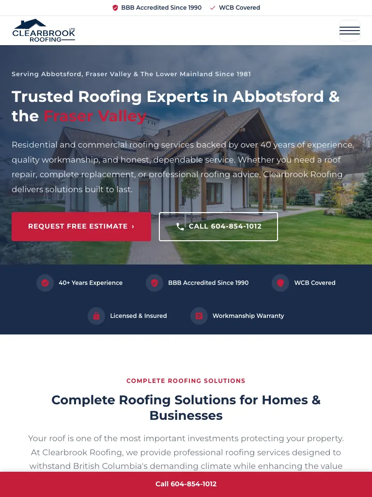 Clearbrook Roofing website on tablet