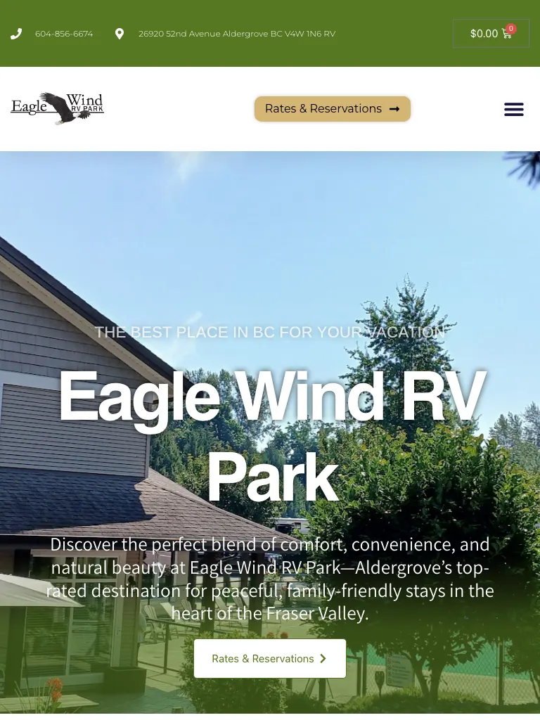 Eagle Wind RV Park website on tablet