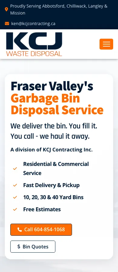 KCJ Waste Disposal website on mobile