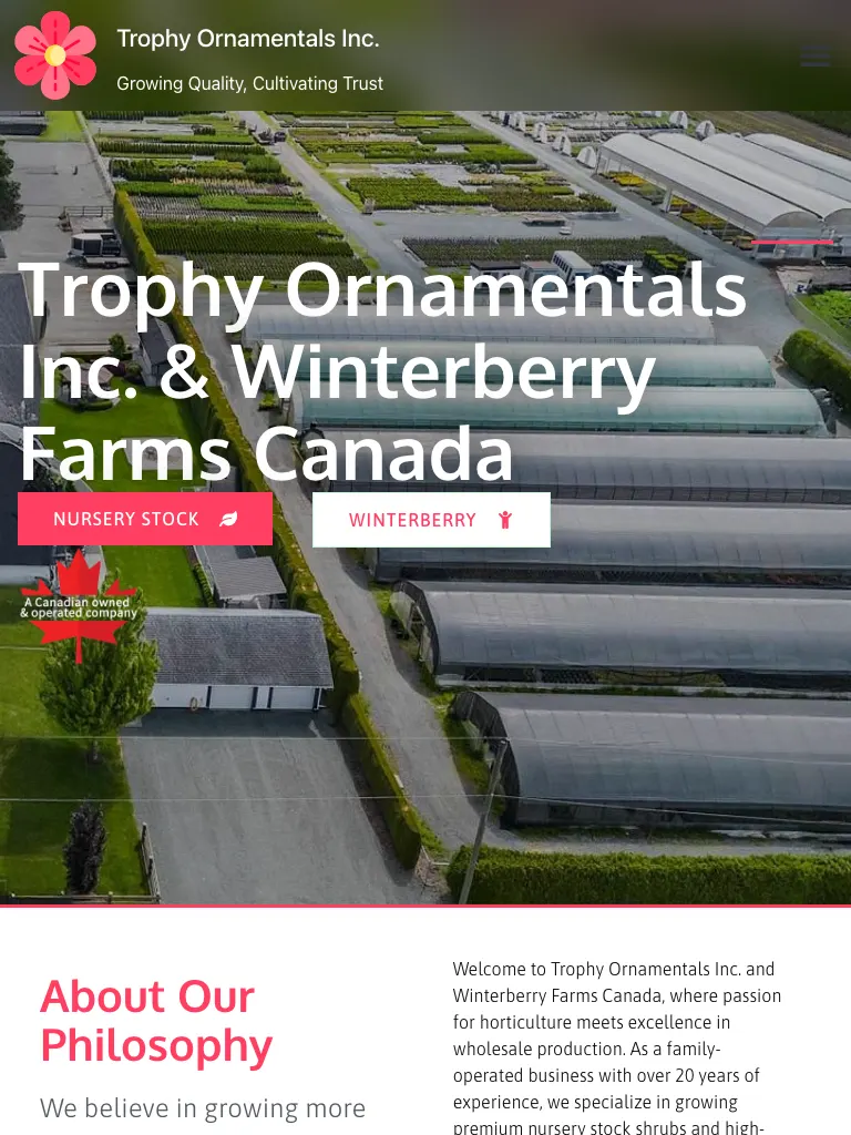 Trophy Ornamentals website on tablet