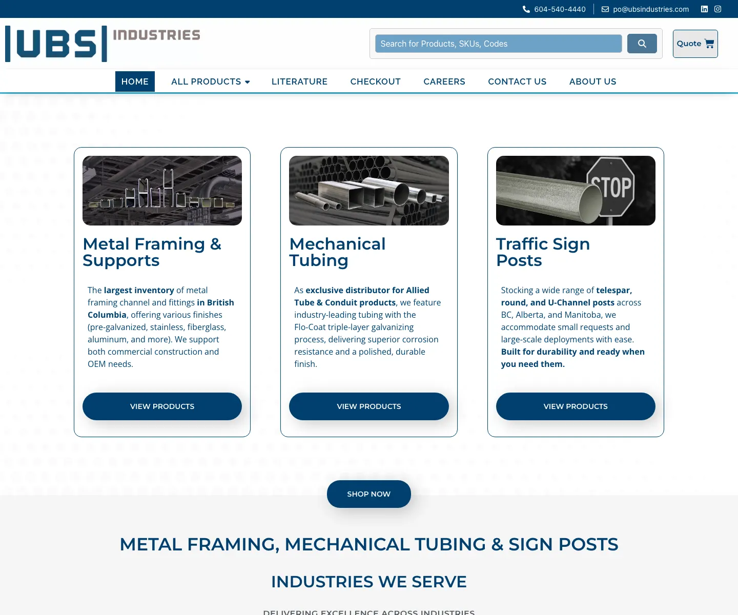 UBS Industries website designed by IIAS for contractor product quotes