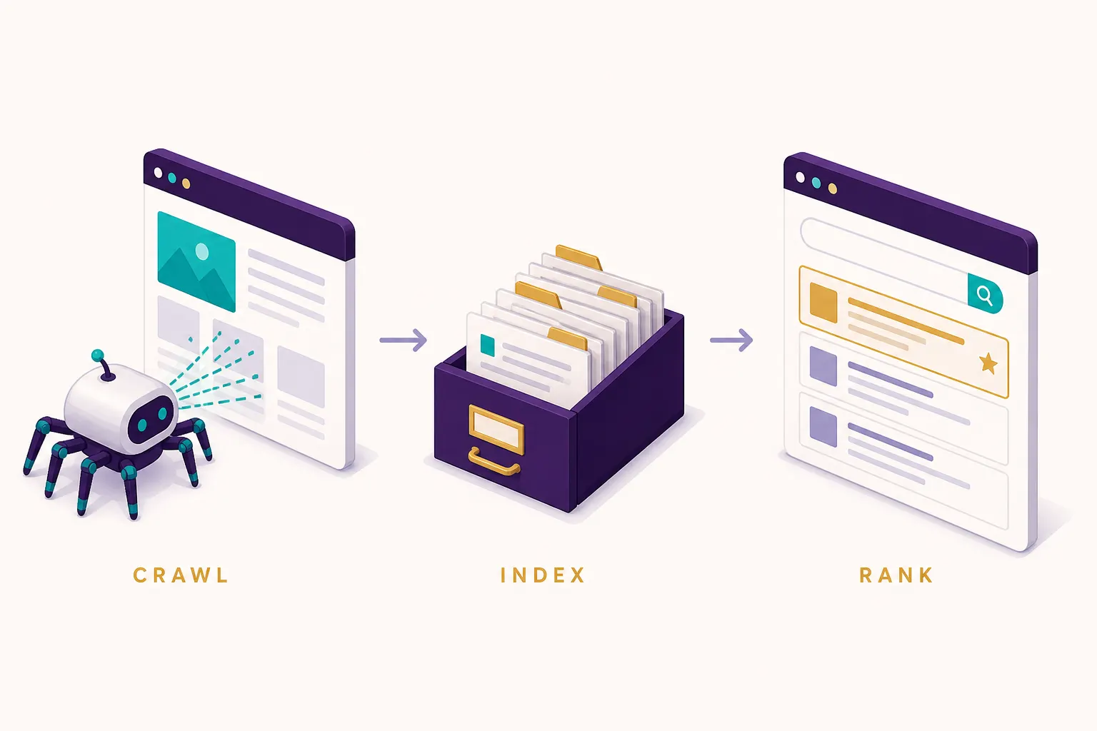 Crawl, index, and rank as the three stages of a search engine