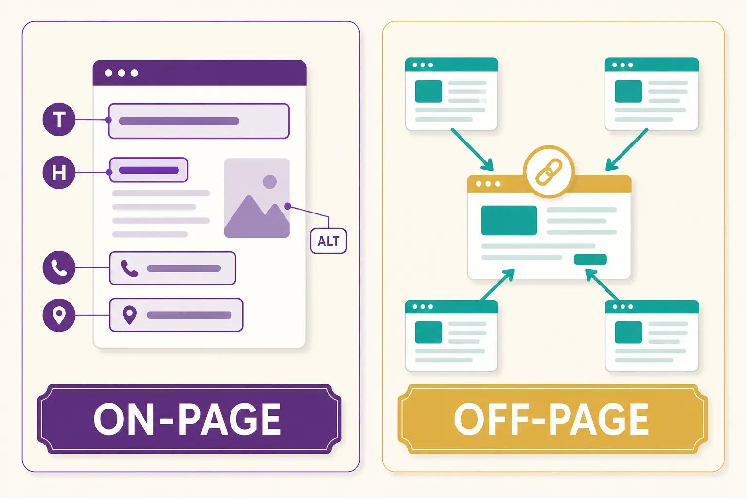 Infographic comparing on-page SEO on a website with off-page SEO backlinks from other sites