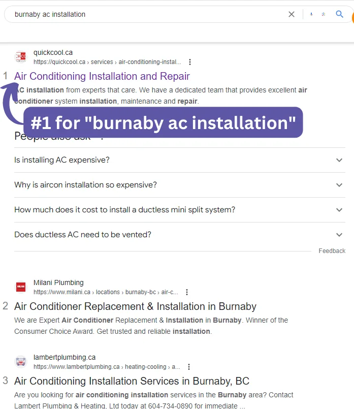 Image: #1 Rankings in the Organic Section for Multiple HVAC Keywords