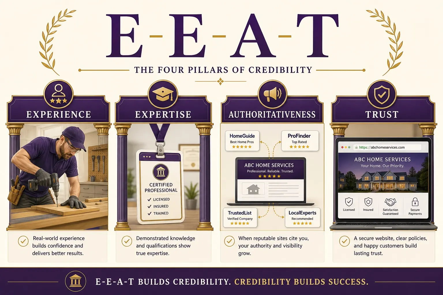 E-E-A-T pillars: Experience, Expertise, Authoritativeness, and Trust