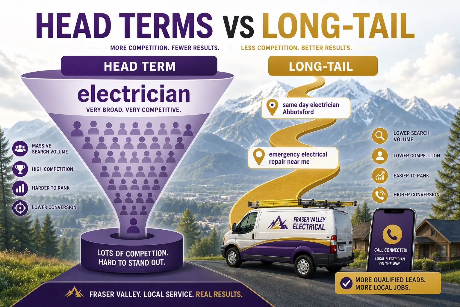 Head terms versus long-tail keyword phrases for a local electrician