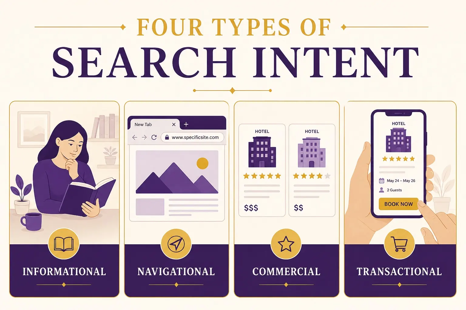 Four search intent types illustrated as paths from one search box