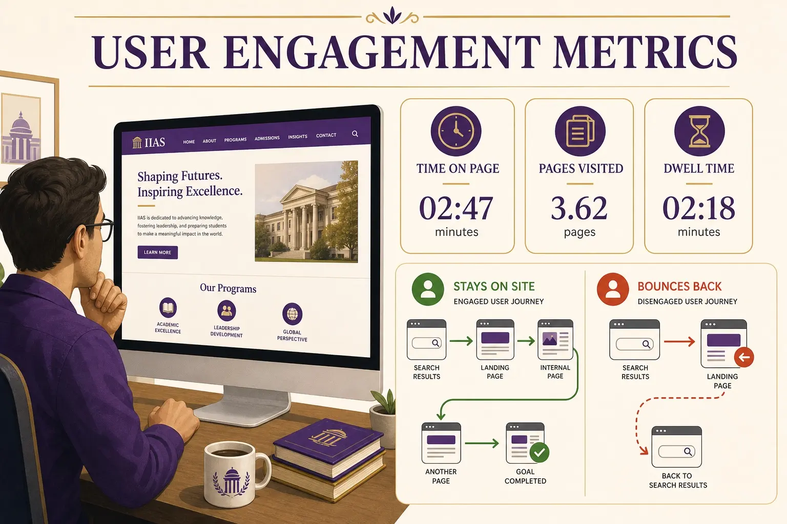 User engagement metrics: time on page, pages visited, and dwell time