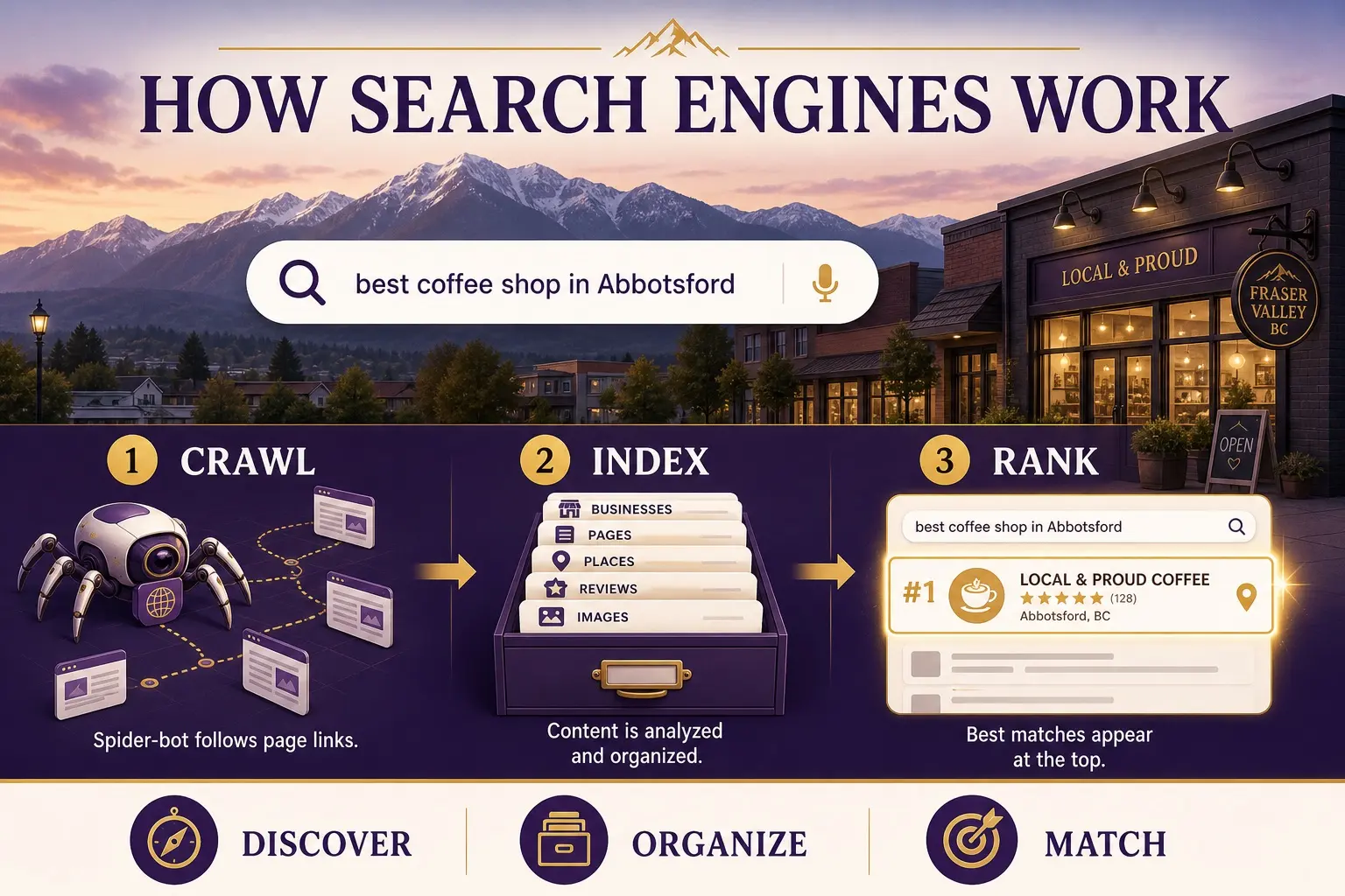 Infographic of search engines organizing the web into crawl, index, and rank