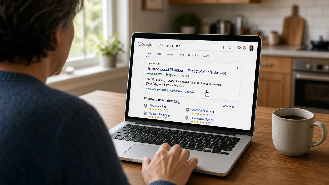 Someone browsing Google on a laptop and clicking a search result