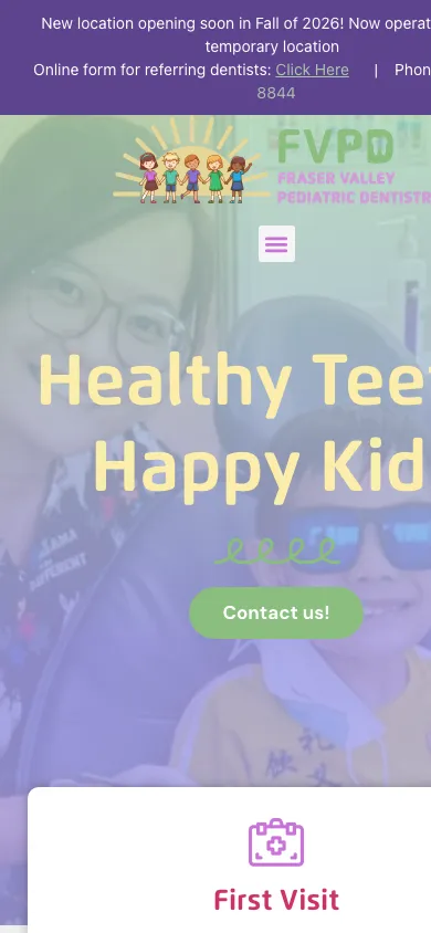 Fraser Valley Pediatric Dentistry website on mobile