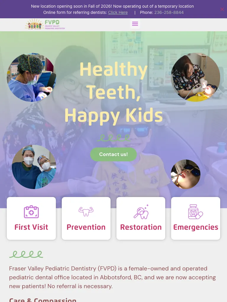 Fraser Valley Pediatric Dentistry website on tablet