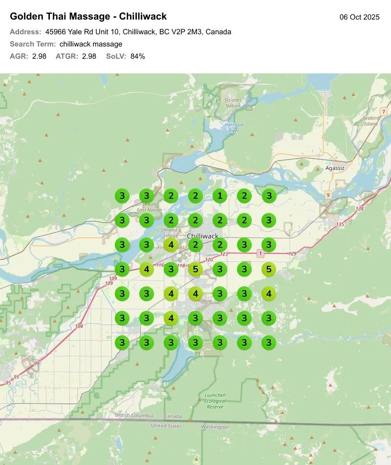Golden Thai Massage Chilliwack GeoGrid after: 2-4 rankings, 84% Share of Local Voice