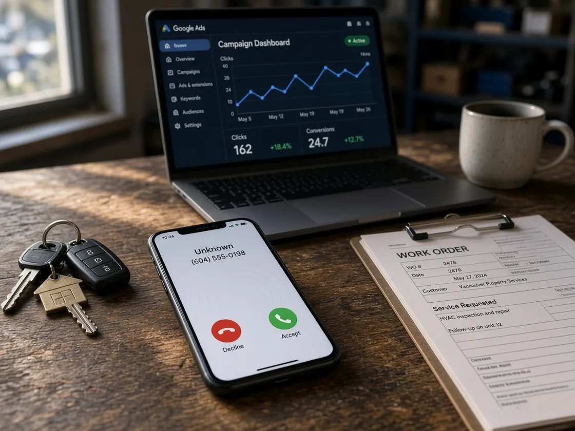 A Google Ads campaign on a laptop and a call coming in from that spend