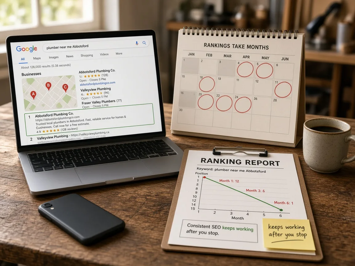 Organic Google ranking and a ranking report over months, with the phone sitting quiet
