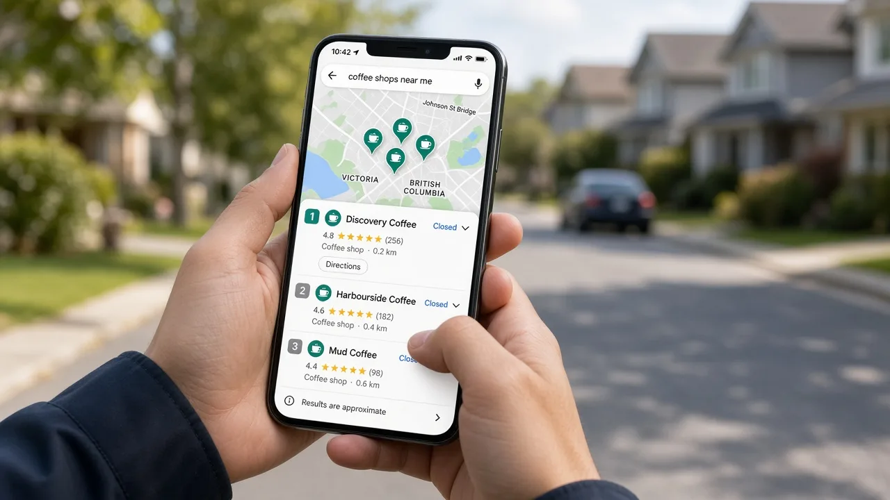 Phone showing Google Maps local pack results